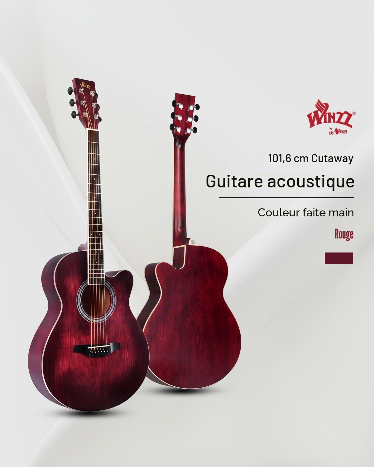 Winzz Guitare Acoustique Adulte, Guitare Folk Débutant, Guitare Country et Folk (Rouge, Cordes d'Acier, 40 Pouces)