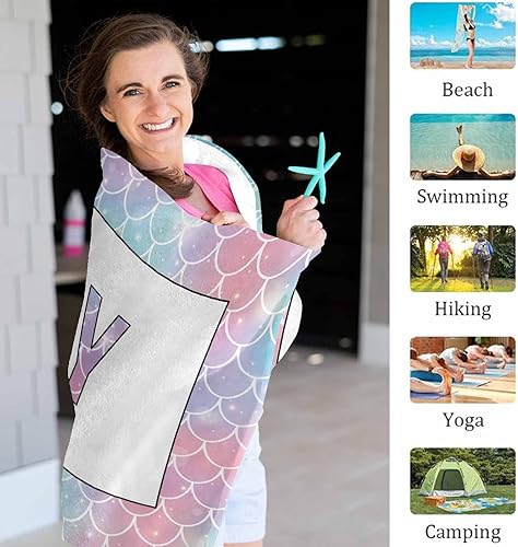 Miniatura 4 de YESCUSTOM Toalla de playa personalizada, toalla de playa de sirena personalizada con nombre personalizado, absorbente, de secado rápido, prool de