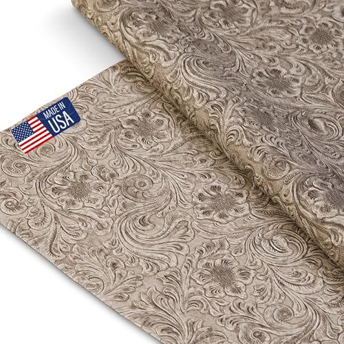 Tooled Faux Leather Western Cowboy, Floral Embossed Vinyl, Craft DIY and Upholstery Textured PU Pleather Fabric - Individual One Yard Cut 36