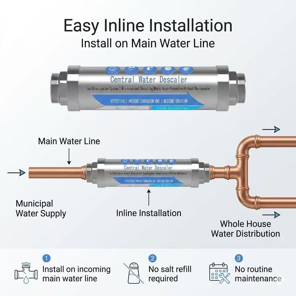 Whole House Water Descaler 3/4” NPT – Hard Water Scale Inhibitor, No Salt Physical Water Conditioner for Main Water Line, Maintenance-Free, Helps Reduce Limescale in Pipes & Appliances