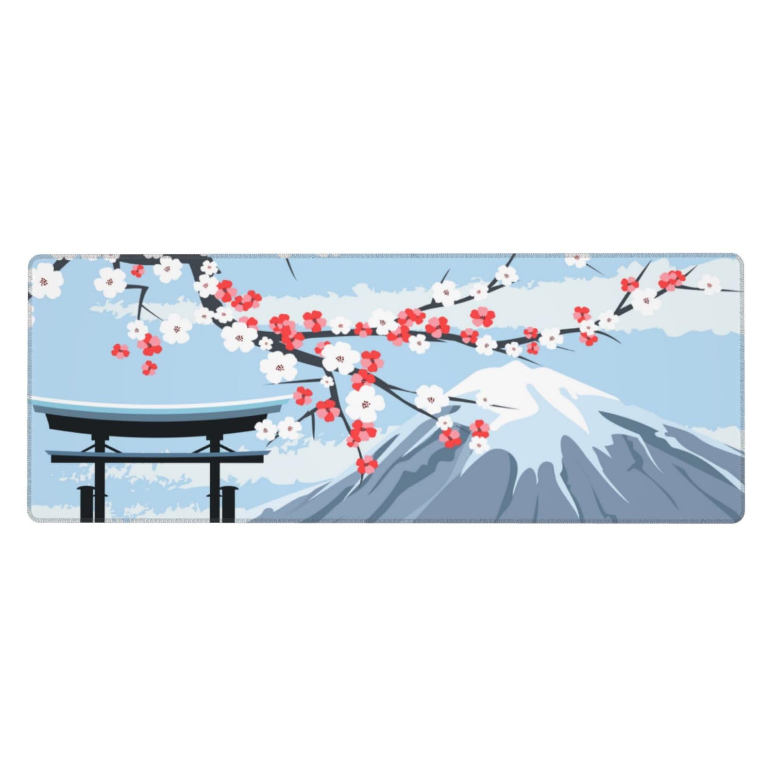 Cherry Blossom Large Gaming Mouse Pad, Extended Fuji Mountain Mousepad, Big Long Non-Slip Mouse Mat for Keyboard, Computer for Office, 31.5 * 11.8 in