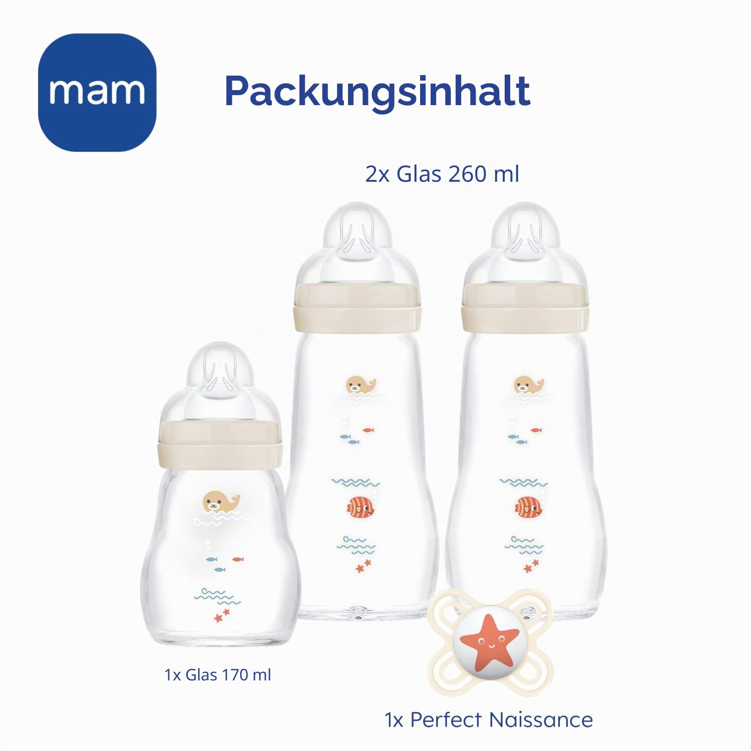 MAM Glasflaschen-Set (3 Glasflaschen + 1 Schnuller) - MAM Hitzebeständige Glasflasche - Glasflasche für Säuglinge ab Geburt und Silikon Schnuller