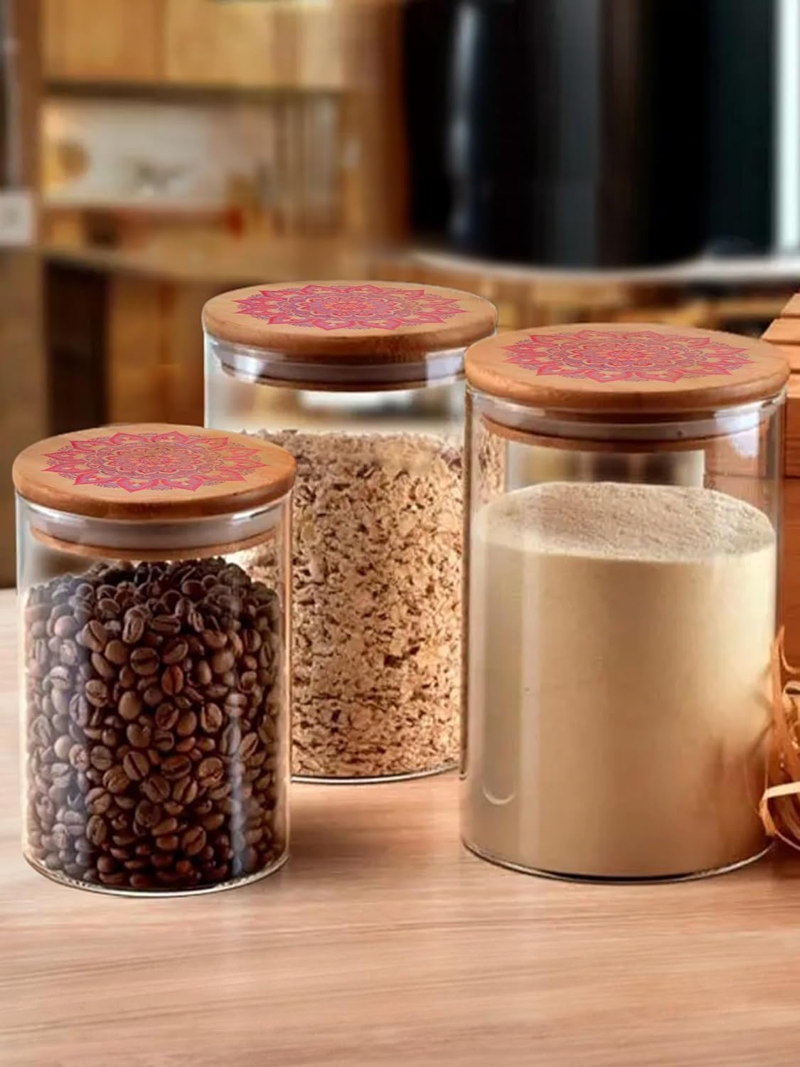 Kuber Industries Borosilicate Glass Jar with Printed Bamboo Lid | Multi-utility | Leakproof | Airtight Jar for Cookies, Snacks, Tea, Coffee, Sugar |Pack of 3 (300ml, 600ml, 1000ml)