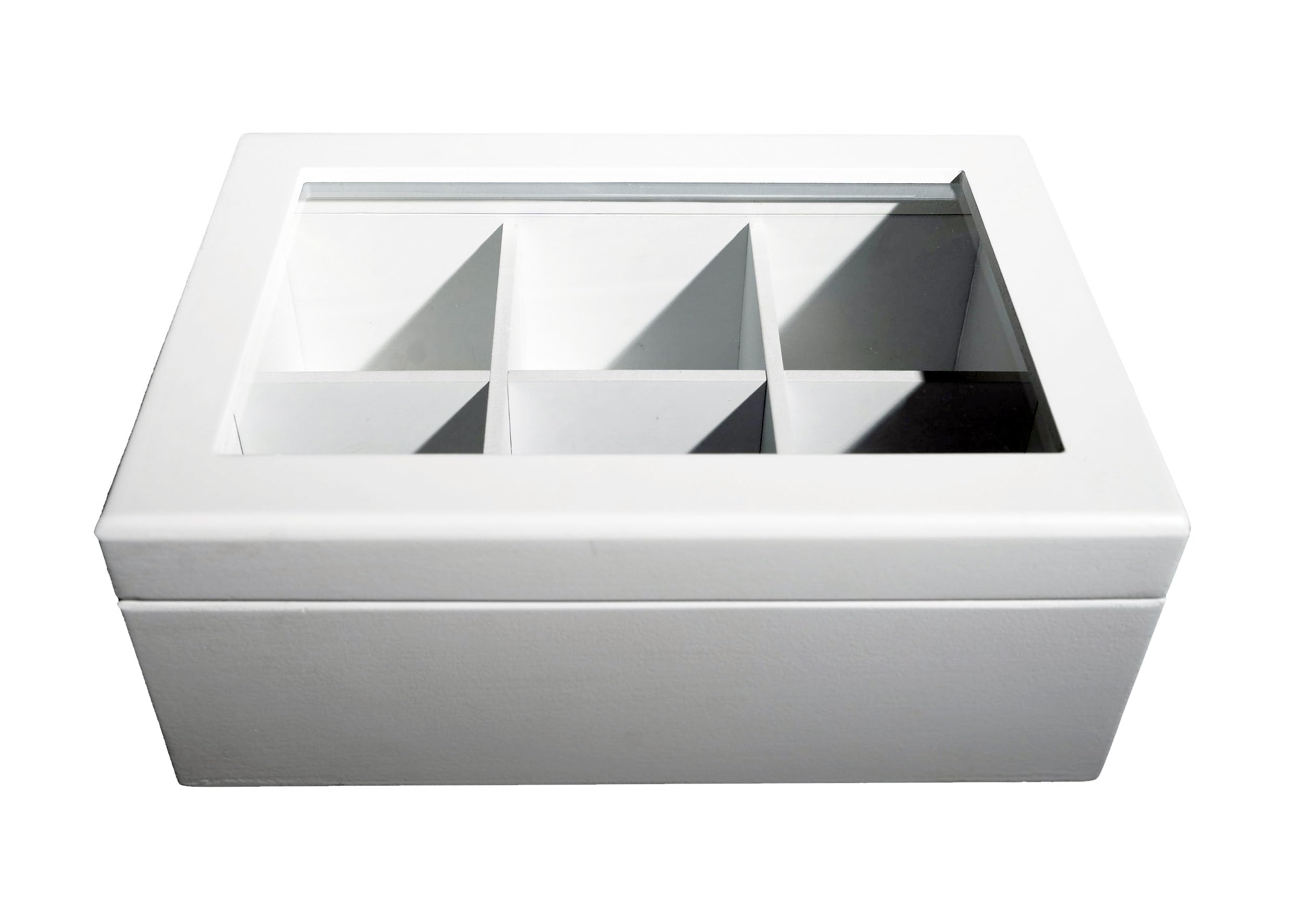 Break Tradition Organiseur de thé en bois pour sachets de thé – Coffre à thé en bois blanc avec 6 compartiments – Fenêtre supérieure transparente – Le couvercle reste ouvert Break Tradition