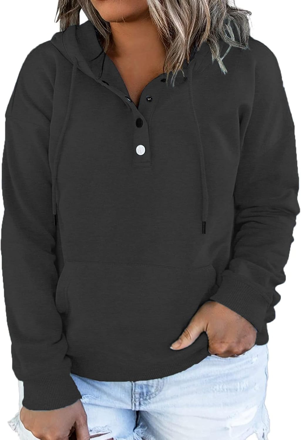 VISLILY Women’s-Plus-Size-Hoodies Buttons Collar Hooded Sweatshirts Drawstring Pullover Tops with Kangaroo Pocket XL-4XL