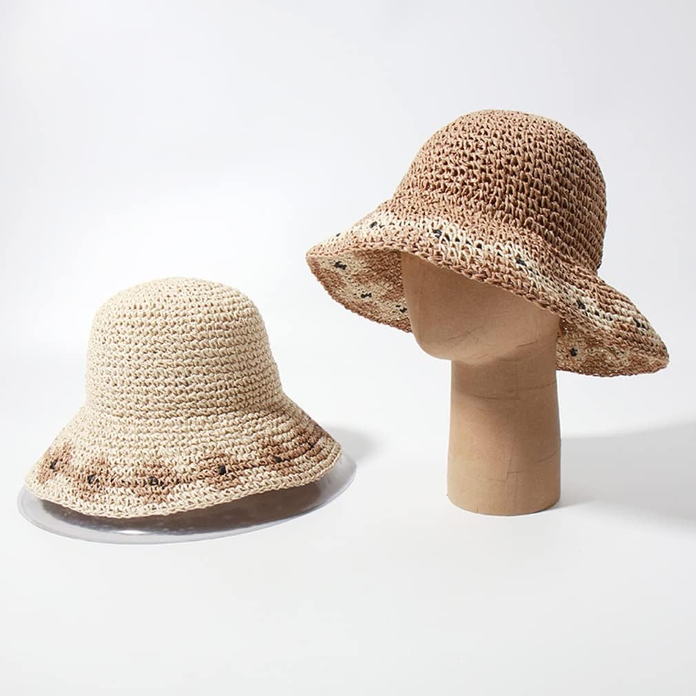 Women Brown Beige 2PCS Summer Soft Straw Hat Small Flower Woven Basin Hats Vacation Beach Hat Foldable Sunshade Hat Cap