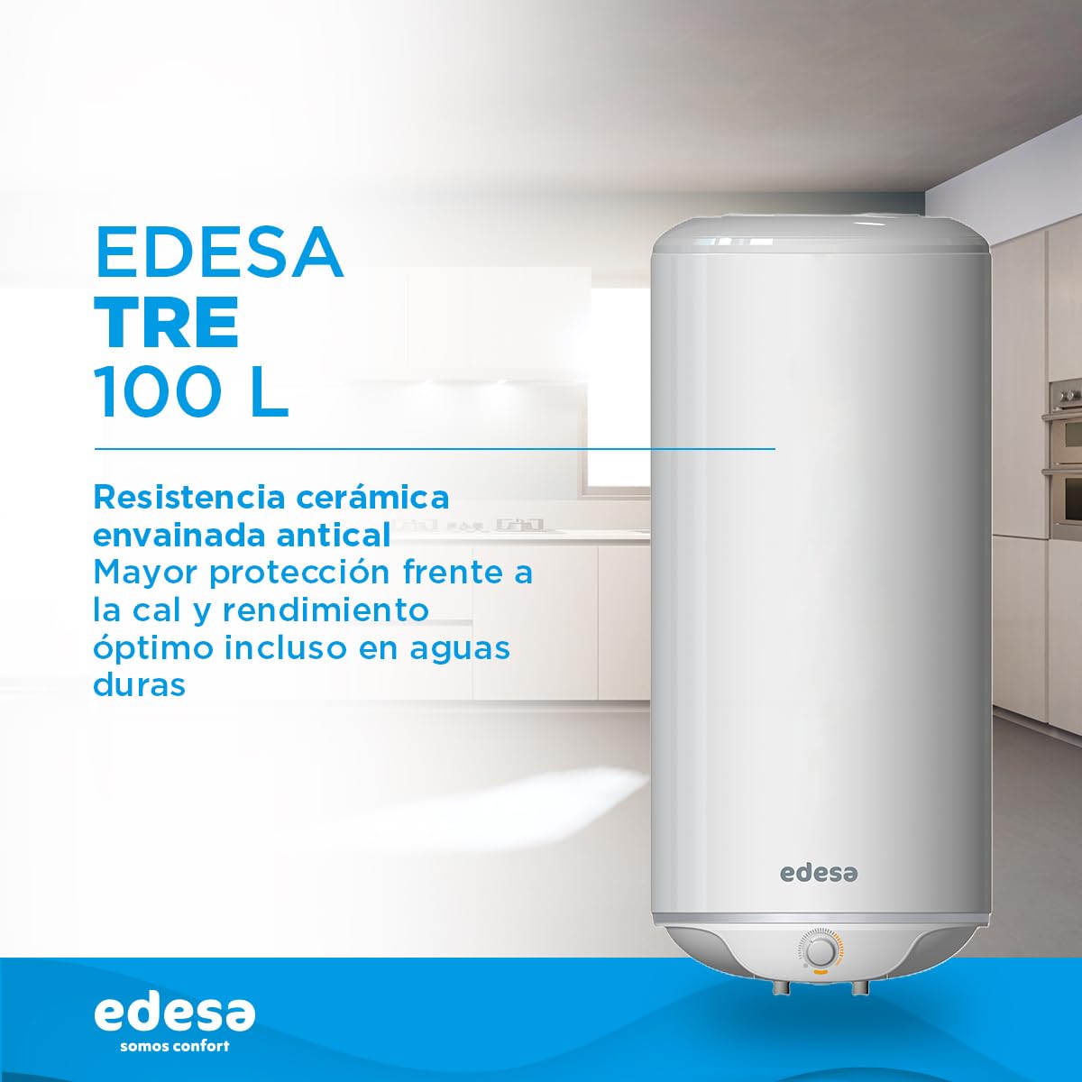 Edesa, Tre-Calentador de Agua Electrico Vertical,Termo Electrico 100 Litros, Regulación Externa+Resistencia Cerámica Envainada, 43,3x102x45cm-Fabricado para Instalación en España (Clase Energética C)