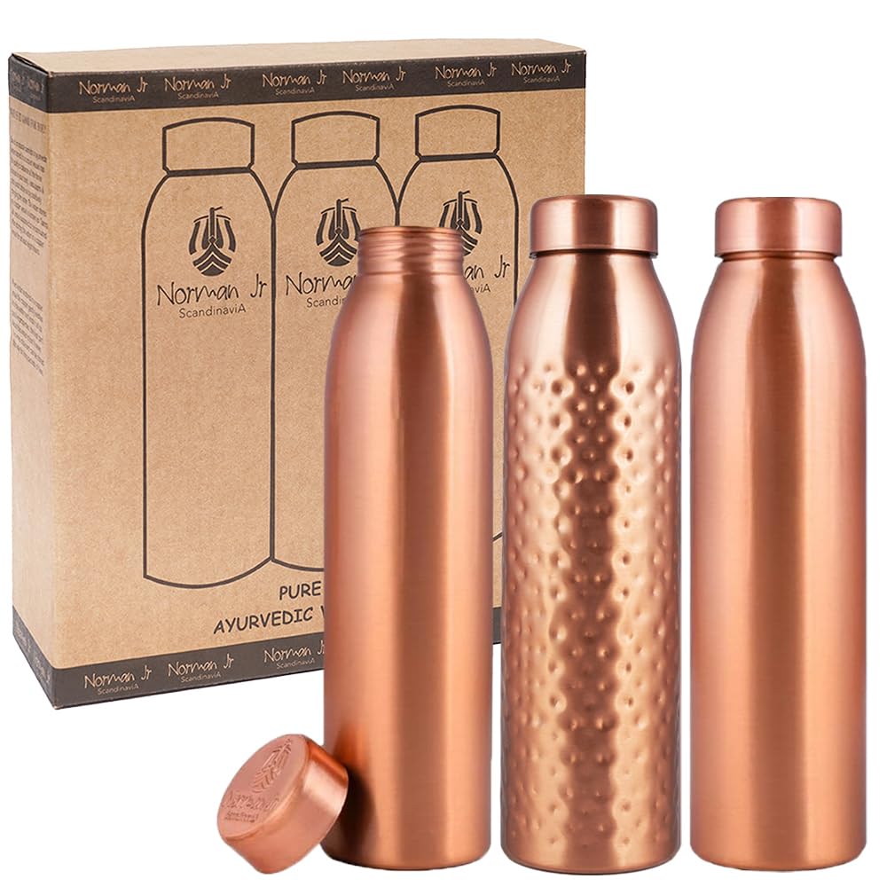 NORMAN JR. 100% Pure Copper Water Bottle (1 L) 3-Piece Gift Set: 2 Smooth, 1 Hammered; Ayurvedic Copper Bottle Set for Men & Women. Gift Set for Father's Day, Mother's Day, and Christmas.