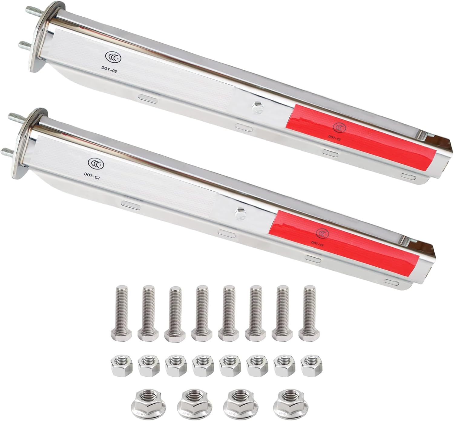 Pair Chrome Steel Heavy Duty Straight Spring Loaded Mud Flap Hanger Bracket Mudflap Holder Set for Semi Trucks 2-1/2" Bolt Spacing 29.5" Length with Reflective Tapes