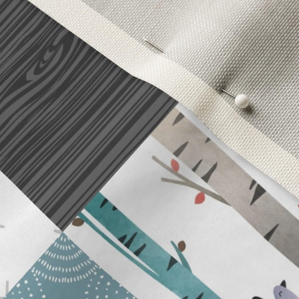 Spoonflower Fabric - Woodland Patchwork Quilt Bear Moose Fox Raccoon Wolf Gray & Blue Printed on Upholstery Velvet Fabric Fat Quarter - Upholstery Home Decor Bottomweight Apparel