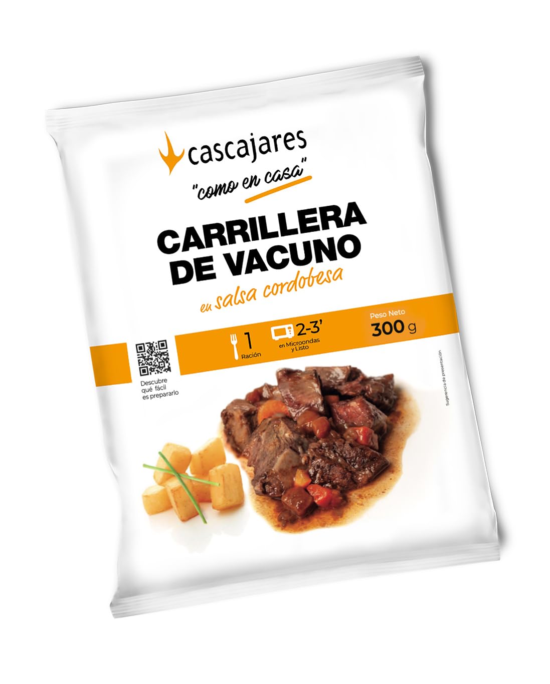 CASCAJARES - Carrillera de Vacuno con Salsa Cordobesa, Plato Listo para Comer, Sin Gluten ni Lactosa, 1 Ración, Calentar y Servir