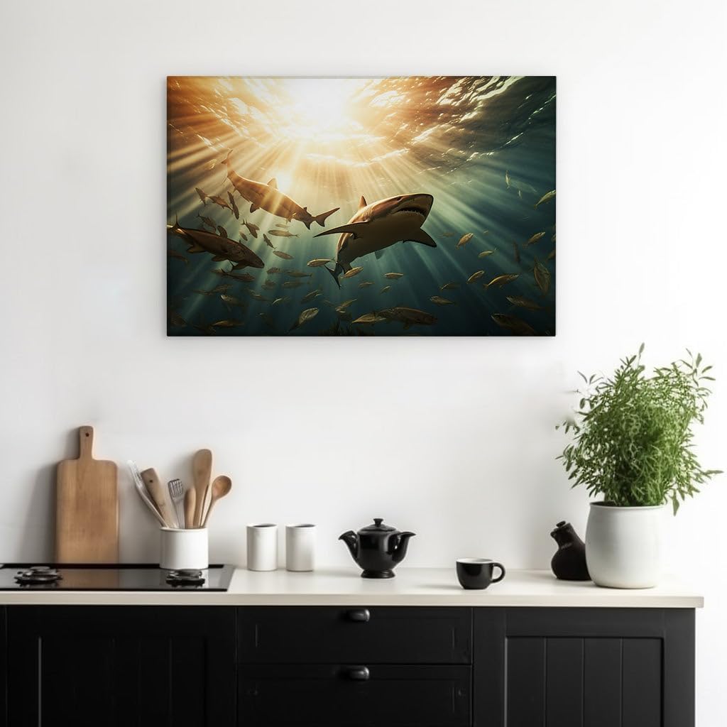 Canvas for Living room. Majestic Great White Shark Glides Amongst a Ballet of Fish in Sun-Kissed Waters, 27 x 18 inch Canvas Wall Art - Ready to Hang