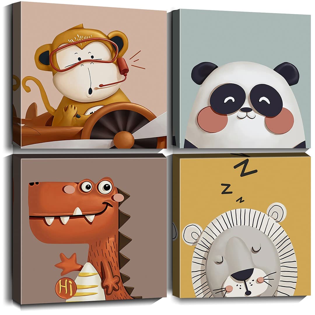 Cortolar Kids Canvas Wall Art Prints Animals Wall Decor Painting Picture for Kid Baby Child Room Bedroom Playroom Nursery Decor (12"x12"x4pcs)