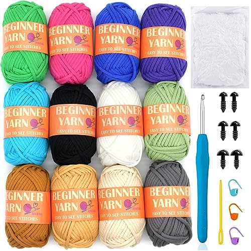 12 Pack Beginners Crochet Yarn Coffee Brown Beige Grey Cotton Easy Crochet Yarn for Crocheting Knitting Beginners with Easy-to-See Stitches Multiclor Mini Beginner Crochet Kit(12x25g)