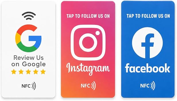 NFC Social Media Bundle Cards   Google Review, Instagram Follow & Facebook Follow Cards for Businesses, Shops, Cafes, Salons & Restaurants   Easy Tap Setup