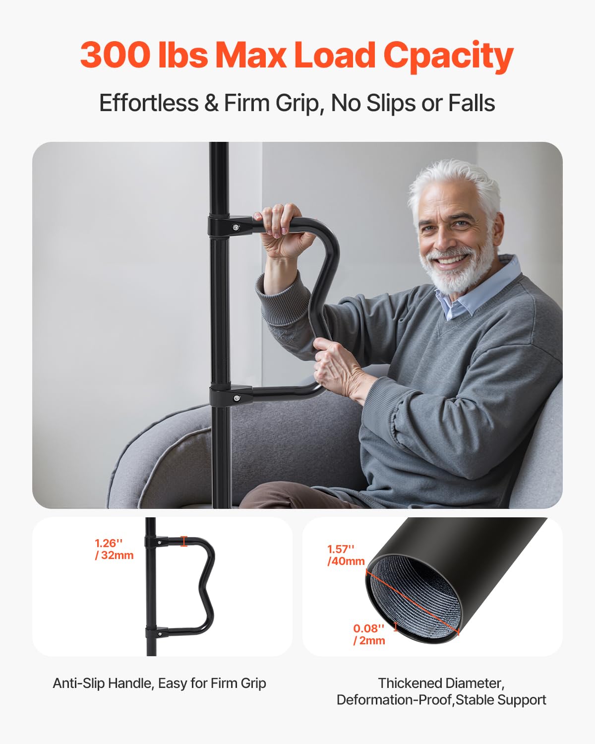 VEVOR Asta di Trasferimento dal Pavimento al Soffitto, Capacità 136 kg Barra di Sostegno per Bagno Montata a Tensione con Maniglia Curva Antiscivolo, Asta di Sicurezza per Soffitti 2140 a 3050 mm Nero