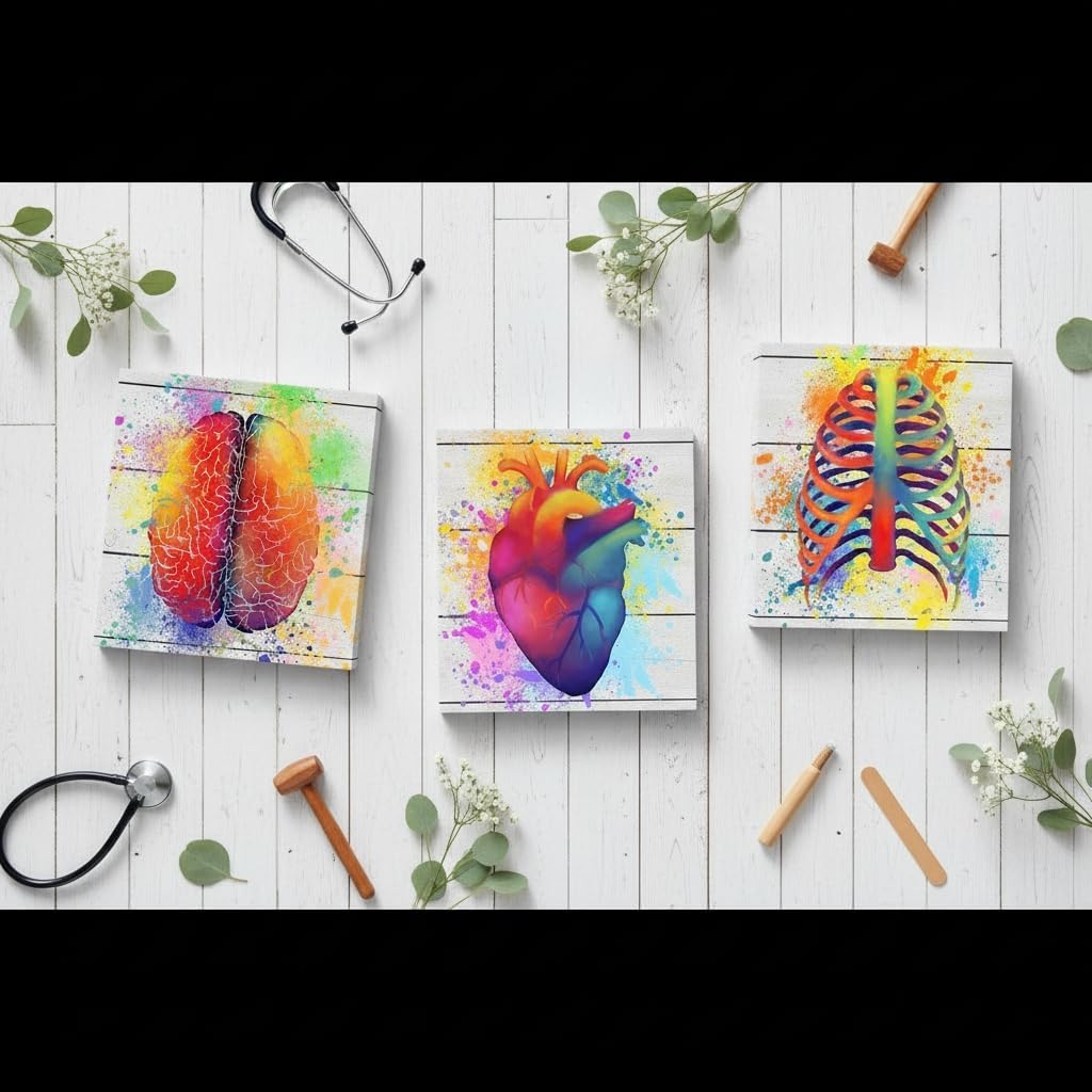 DuoBaorom Human Brain Rib Cage Heart Canvas Wall Art 3 Pieces Anatomical Artwork Clinic Medical Office Wall Decor 12"x12"
