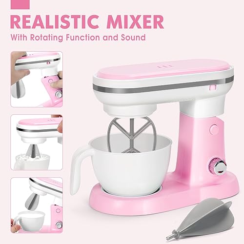 Miniatura 3 de Pink Play - Juego de electrodomésticos de cocina con cafetera, mezclador, tostadora, licuadora, juego de cocina para niños, accesorios de cocina con