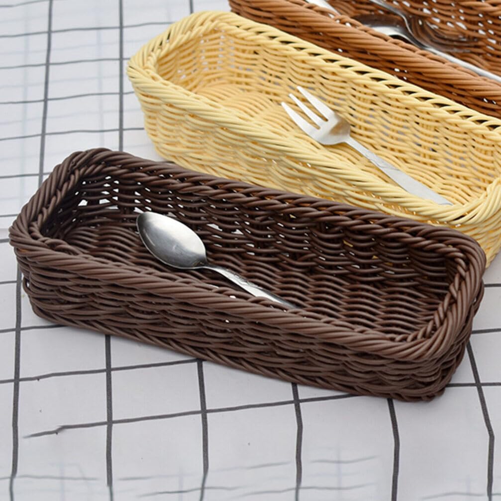 BESTonZON 2pcs Wicker Bread Basket Woven Cutlery Storage Organizer Rectangular Rattan Fruit Storage Baskets Narrow Spices Storage Baskets Silverware for Food Serving
