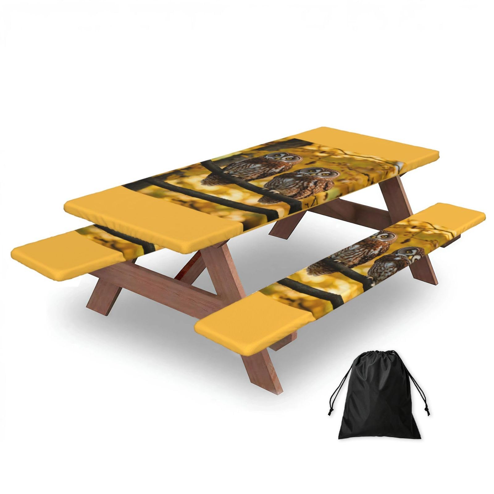 PPHGUT Cute Brown Cartoon Owls Print Picnic Table Bench Cover Set Outdoor Garden Bbq Protector For Family Camping