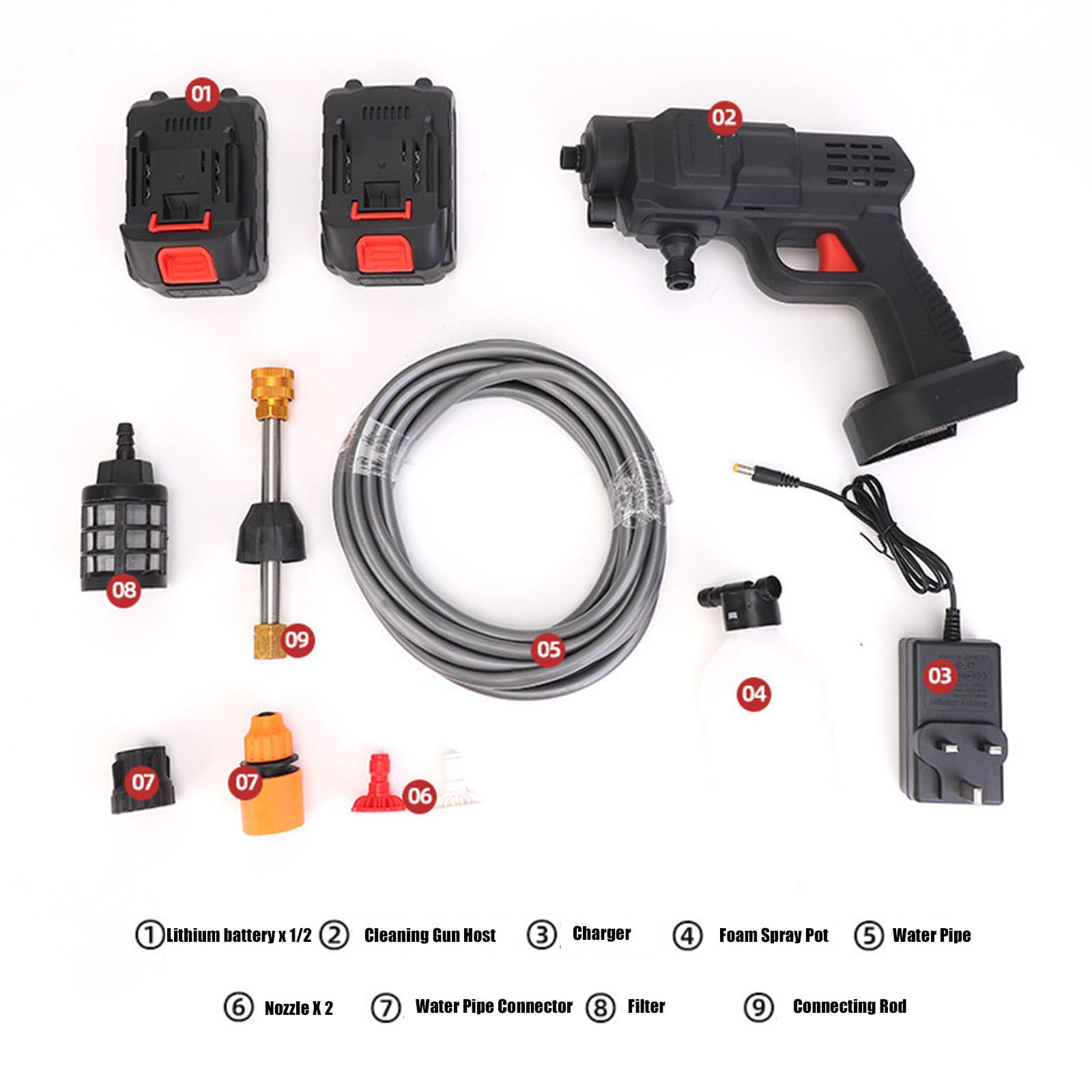 Hidrolimpiadora de Alta Presion Inalámbrica, 21V Pistola de Agua a Presión Portatil con Baterías Recargable, 2 Boquilla, Manguera de 10M, Pulverizador de Espuma, 290 PSI Lavadora a Presión Sin Cable