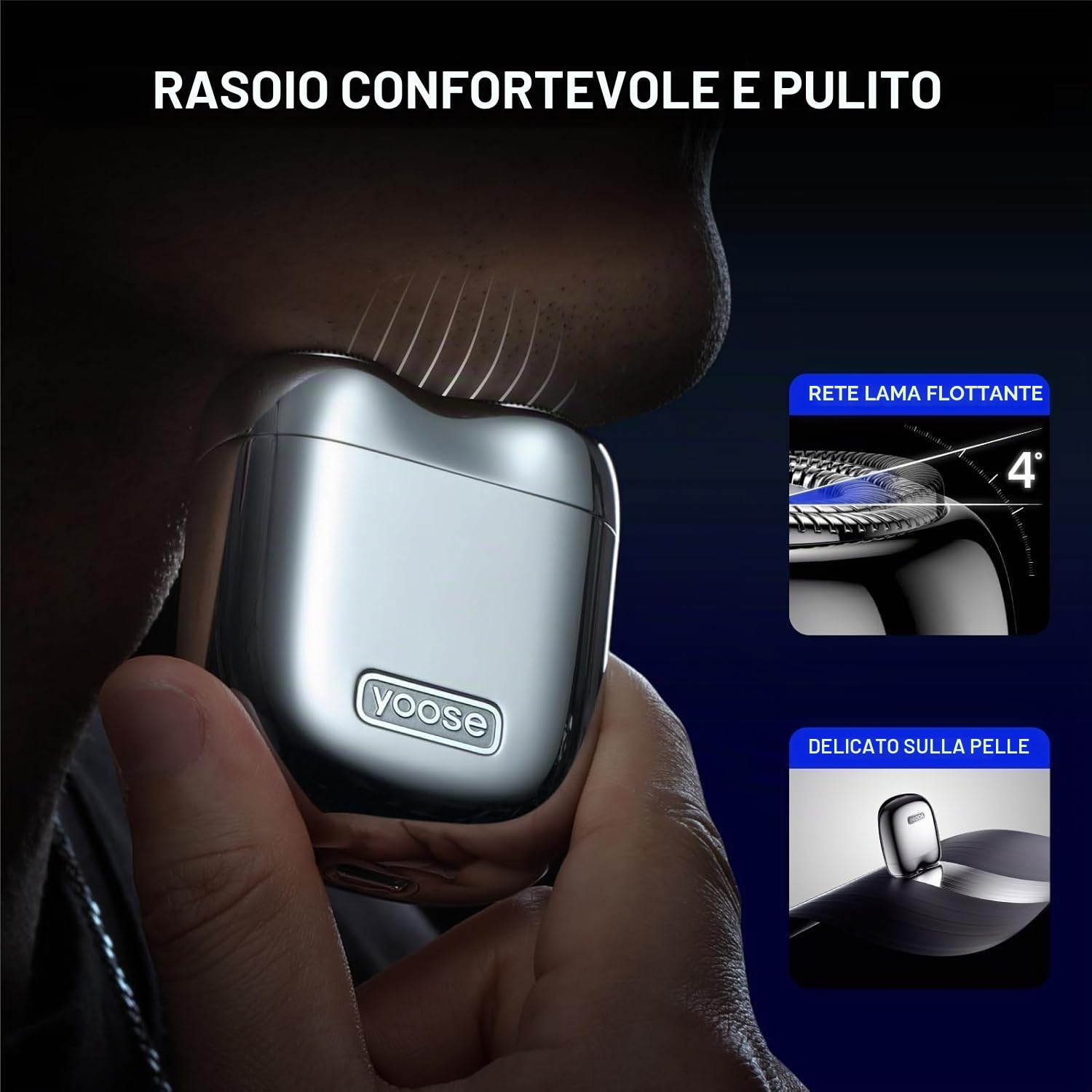 yoose MINI Rasoio Elettrico da Uomo, Rasoio Elettrico da Uomo in Lega, Rasoio Impermeabile IPX7 con Motore da 8000 Giri/min, Cavo di Tipo C e Testina di Rasatura Magnetica, Blu