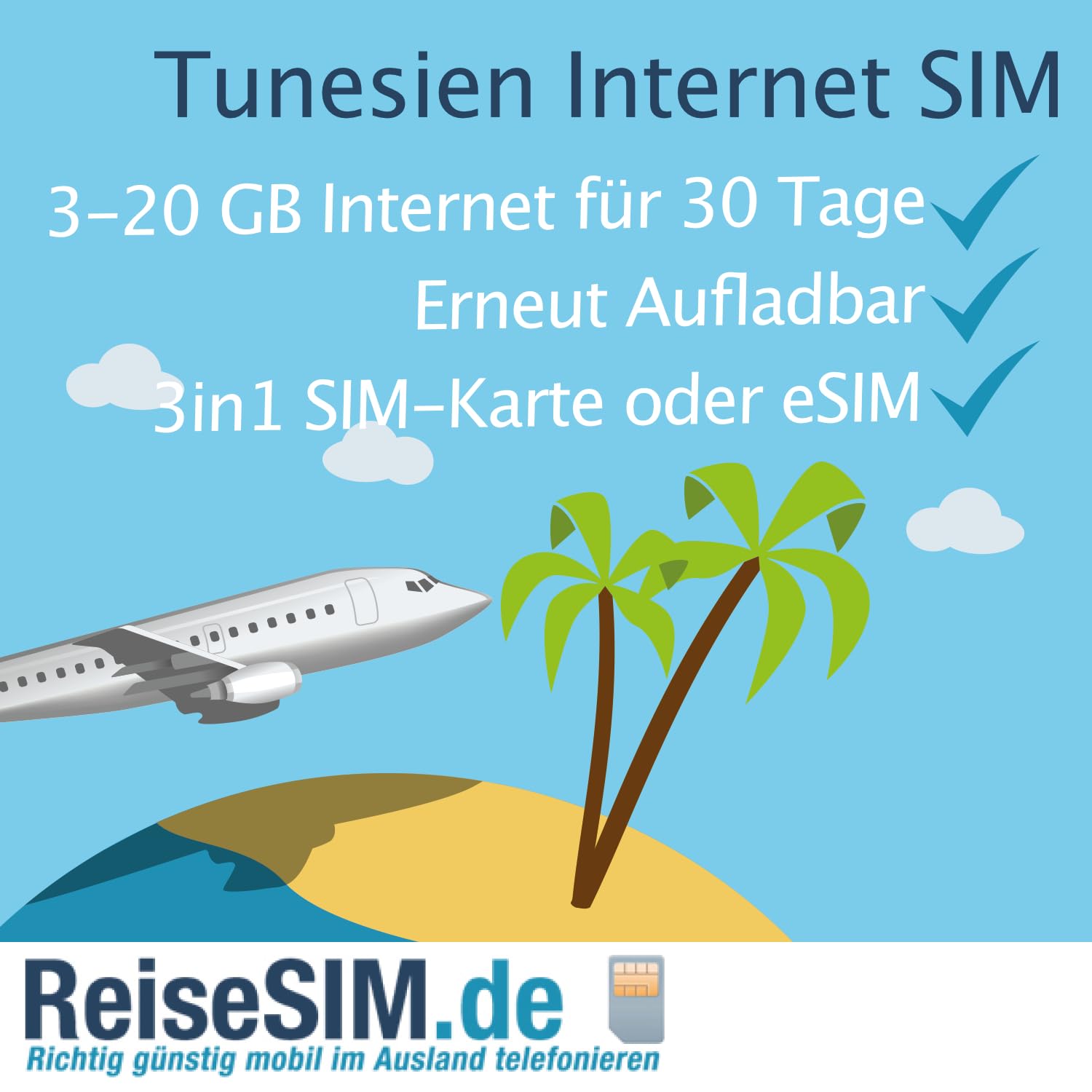 ReiseSIM Tunesien Internet SIM-Karte, 3-20 GB Datenvolumen, 30 Tage Gültigkeit, Ooredoo und Tunisie Telecom 4G/5G Netz, Nano-SIM oder eSIM (20 GB / 30 Tage, SIM-Karte (3in1))