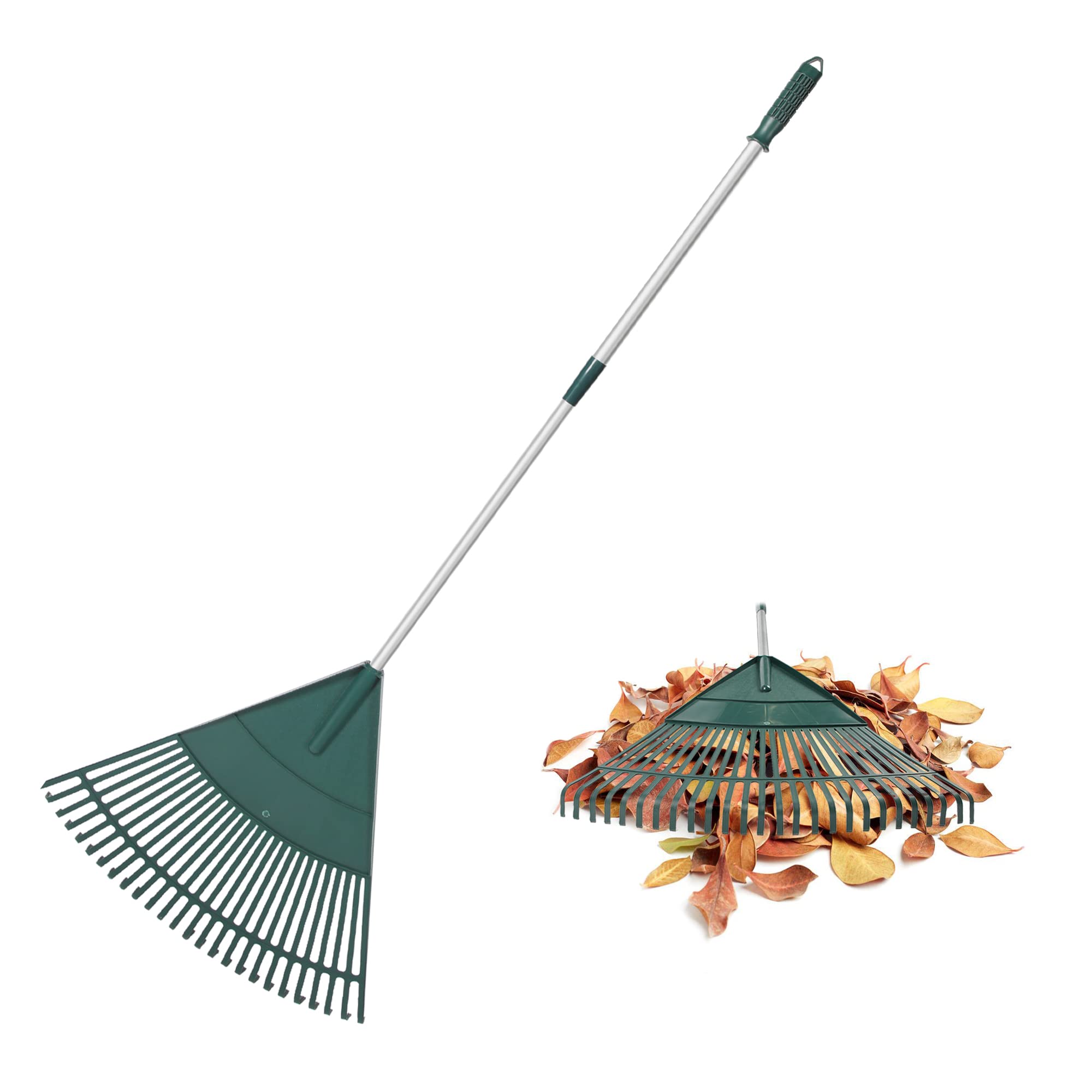 ORIENTOOLSGarden Leaf Rake, Adjustable Lightweight Steel Handle, Comfortable Grip Handle, Plastic Head，Poly Shrub Rake,26 Tines,43 to 66 inches (Silver Handle)