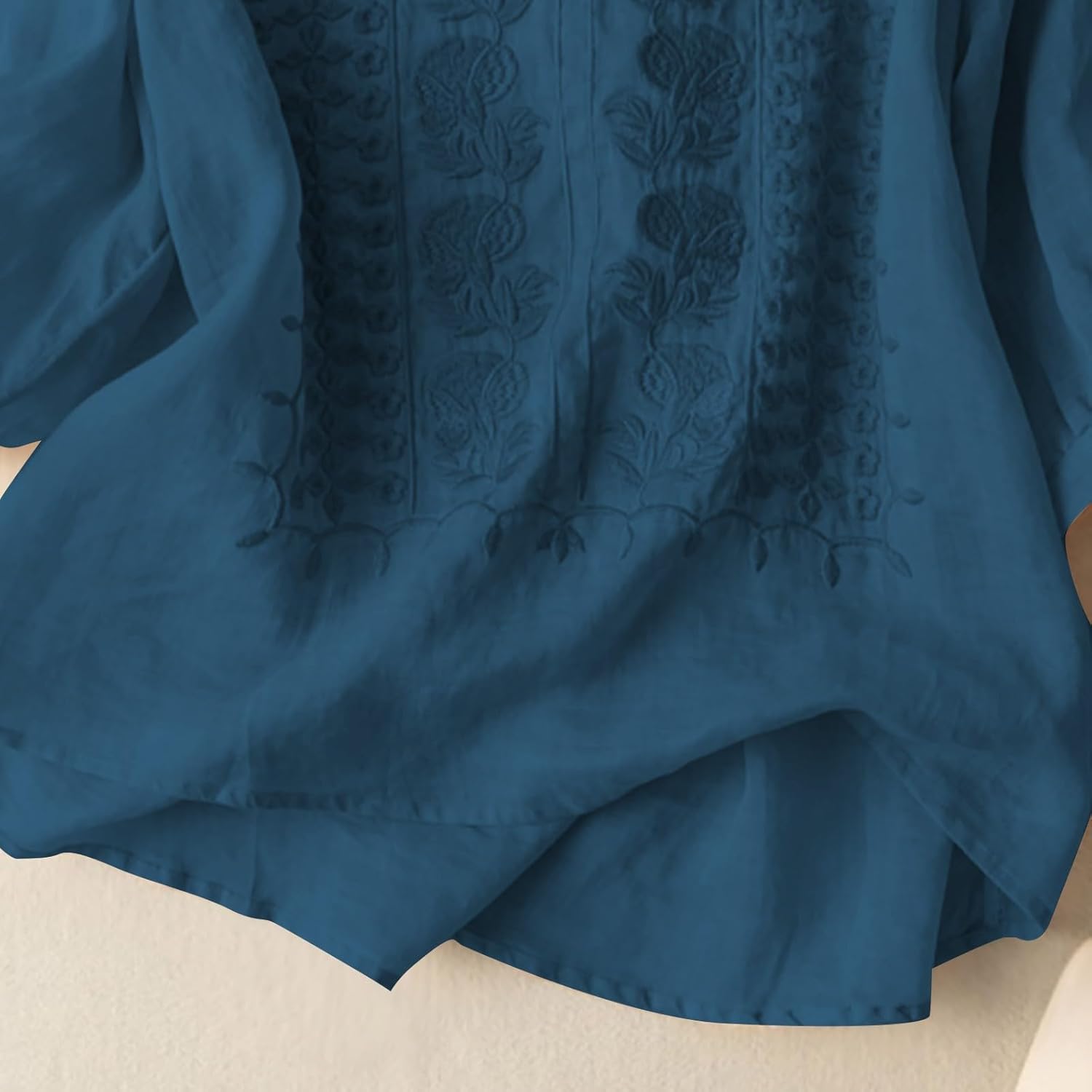 Linen Shirts for Women Summer Crew Neck Embroidered 3/4 Sleeve Boho Tops Dressy Casual Blouses Loose Tunics