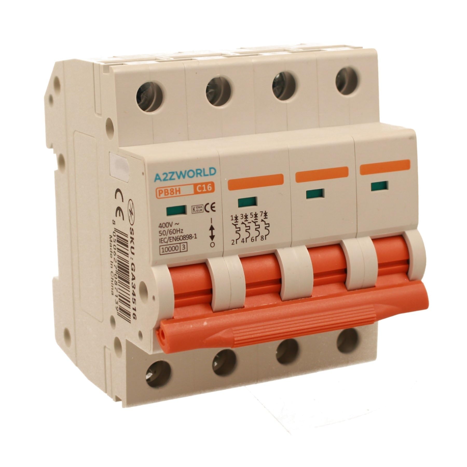 Interruptor magnetotérmico trifásico 4P 16 A C16, curva C 10 kA, 4 módulos DIN 380 V AC, certificado IEC60898-1, serie PB8H