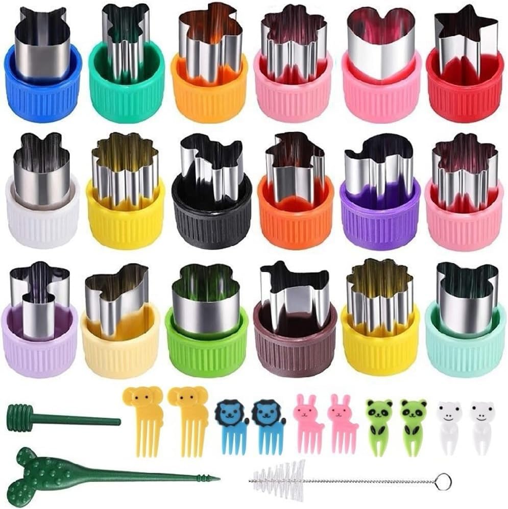 31 pcs Cute Fruit Vegetable Cutter Shape Set with Cartoon Animal Food Picks Mini Cookie Cutters Pastry Stamps Mold Food Decorative Food Supplement Tools Biscuit Cutters Baking Mold Stainless Steel