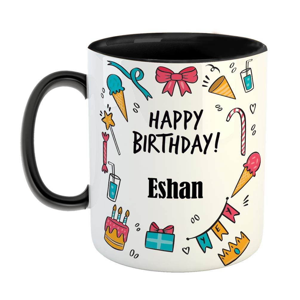 FurnishFantasy Ceramic Coffee Mug - Best Gift for Happy Birthday Mug , Color - Black, Name - Eshan