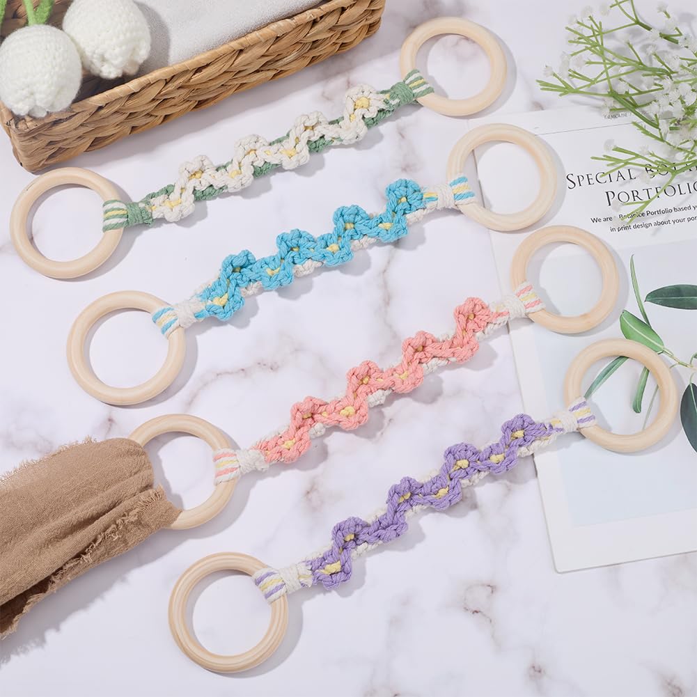 CREATCABIN 4Pcs 4 Colors Macrame Towel Holder Ring Kitchen Dish Towel Holder with Hanging Loop Wood Ring Cotton Daisy Flower Macrame Crochet Hanger for Oven Stove Door Bathroom Housewarming Gifts - Image 3