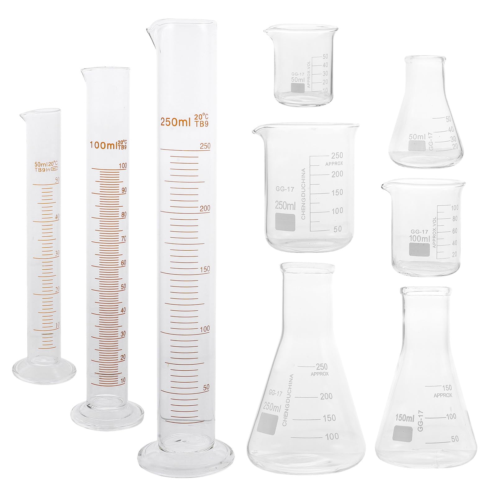 PRETYZOOM Set Strumentazione Scientifica 9 Pezzi Becher Da Laboratorio, Cilindro e Bottiglia Conica in Vetro Trasparente, Graduazioni Chiare Per Esperimenti Scolastici e Analisi Chimiche