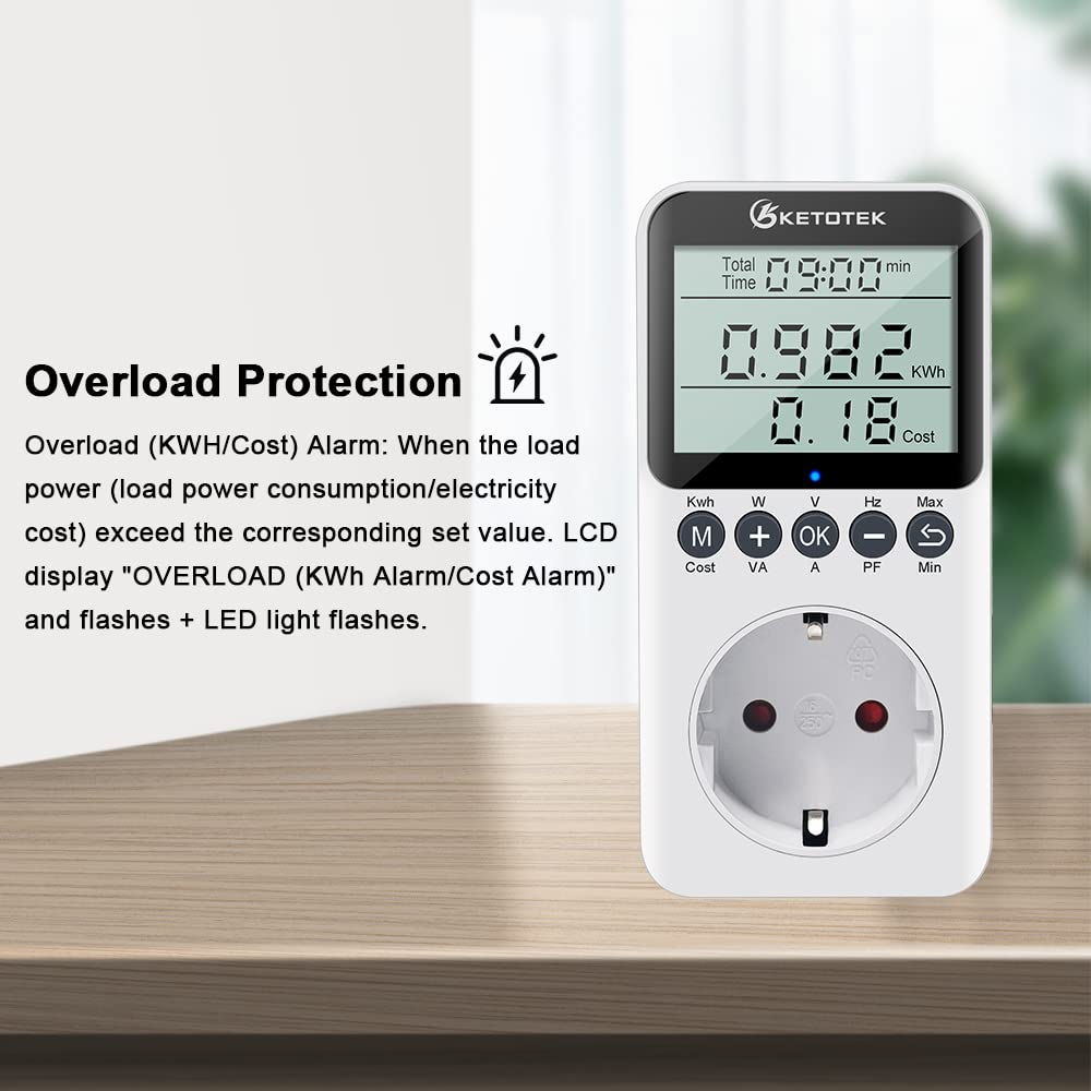 KETOTEK Medidor de Consumo Electrico, Enchufe Medidor de Energía con Pantalla LCD, Reteción de Datos Medidor de Costo de Electricidad 3680W Protección contra Sobrecarga