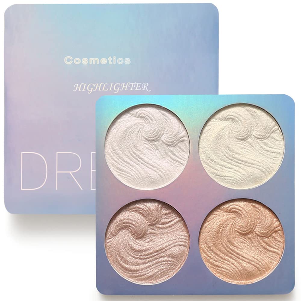 Reddhoon Highlighter Powder Palette, Shimmer Highlighters Makeup, 4 Colors Bronzer Highlighter Powder Palette, Waterproof Long Lasting Highlighter Baked Makeup Face Powder