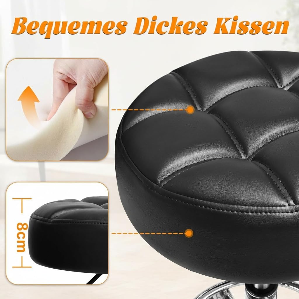 Rollhocker PU Leder Rund Gepolstert, Arbeitshocker Höhenverstellbar Rollen mit Fußstütze , 360° - Drehung Drehocker ，Tragfähigkeit 150kg für Spa Zeichnung Salon Arbeit Büro Tattoo Hocker. (Tinte)