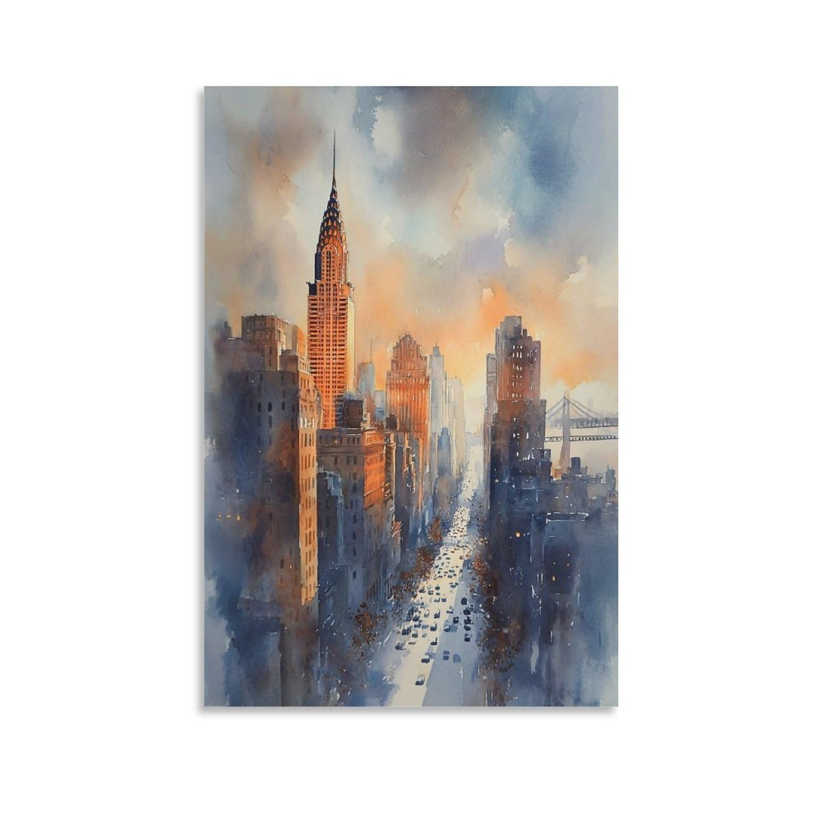 Lcynnh Unframe-Style New York Skyline Watercolor Print_ Nyc Cityscape Wall Art 20X30inch(50X75cm) Vintage Watercolor Canvas Art