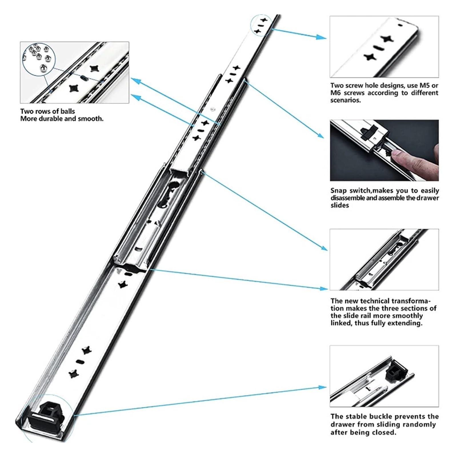 Guide for cassetti for carichi pesanti da 53 mm - Capacità di carico di 120 kg, guide for cassetti lisce ad estrazione completa for armadi e scaffali(450mm)