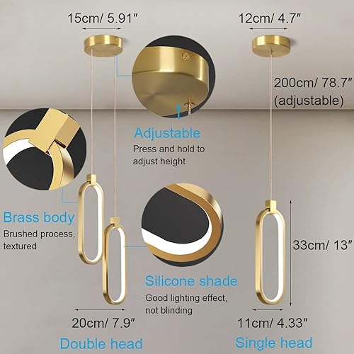 Miniatura 2 de Luces colgantes minimalistas para mesita de noche, isla de cocina, lámpara colgante de doble cabeza de latón con control remoto regulable,