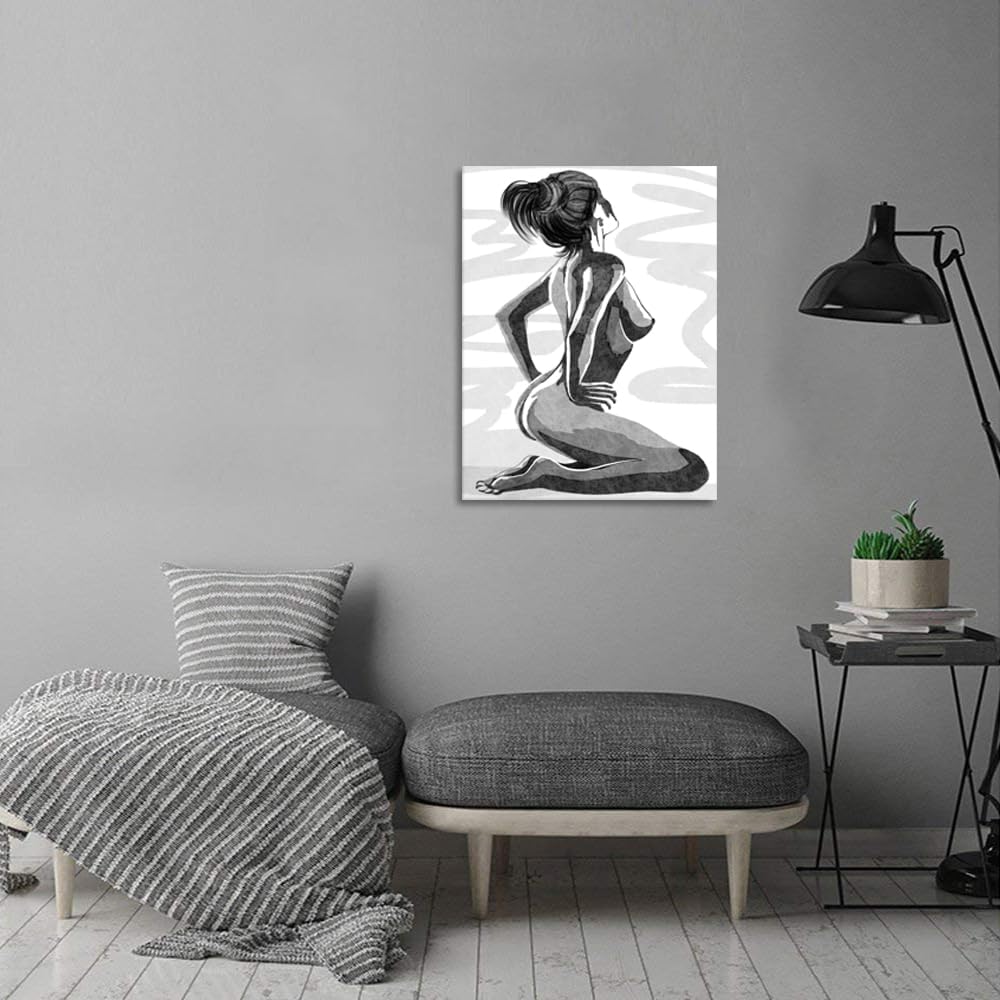 Black White Canvas Wall Art Nude Painting for Couples Abstract Sexy Woman Wall Decor for Home Apartment Hotel Bar Decor Ready to Hang - 12x16inch