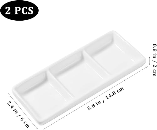 Miniatura 2 de DOITOOL 2 platos de cerámica para servir, 3 compartimentos, bandejas para servir aperitivos, platos rectangulares blancos para salsa dividida para