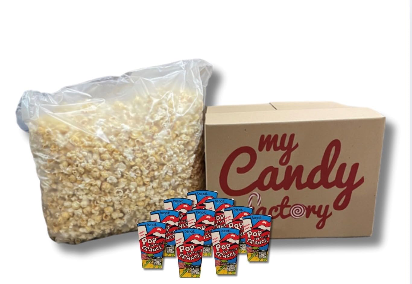 Pack Pop Corn Événement Pro – 1 Sachet 35L Pop Corn Sucré BENOIT + 25 Gobelets colorés 125cl – Pour 25 Personnes – Idéal Événements, Écoles, CE & Animations