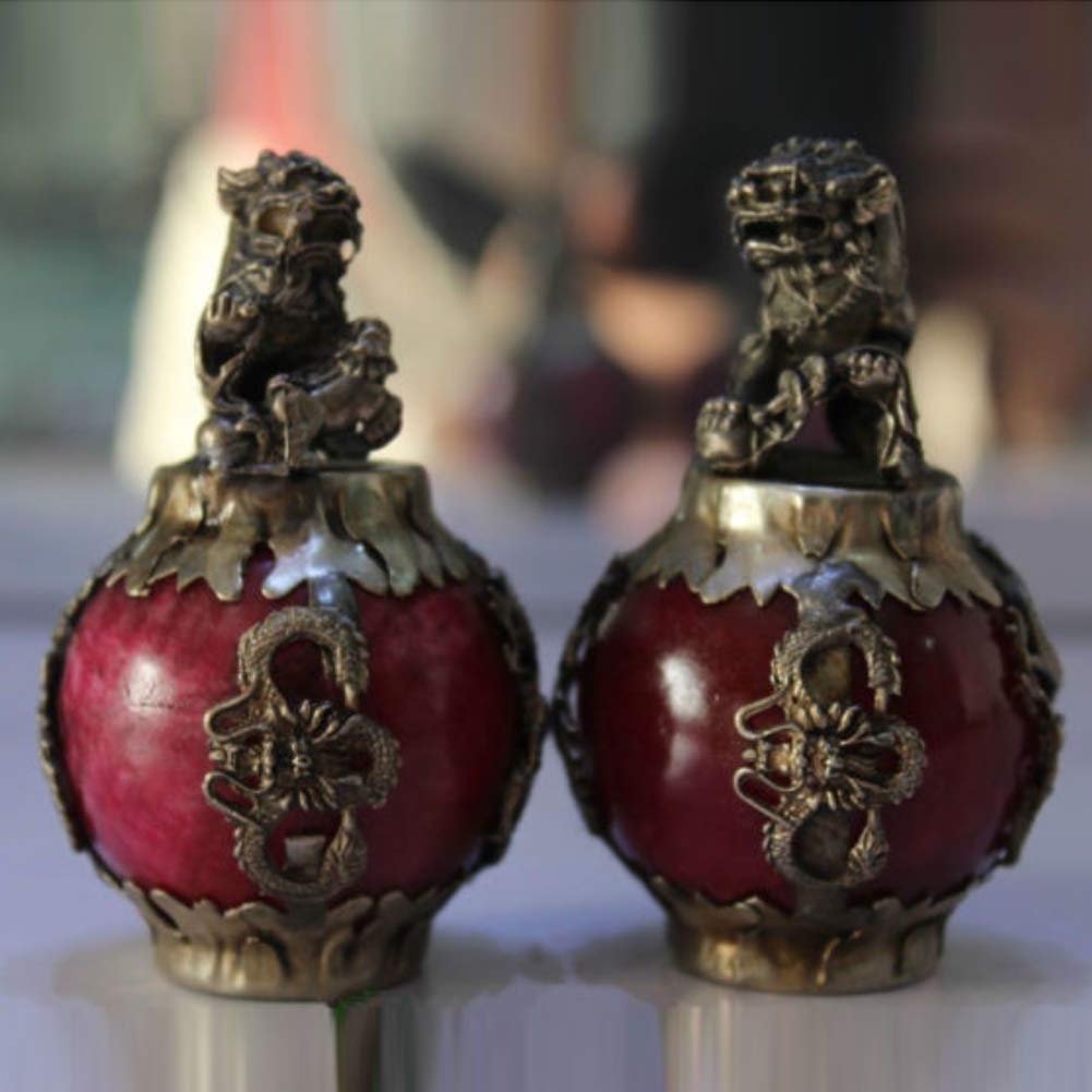 EASTCODE Tibet Silver Red Jade Dragon Phoenix Ball Foo Fu Dog Guardion Lion Pair Statue Collectible Old Handwork Copper Silver Bronze