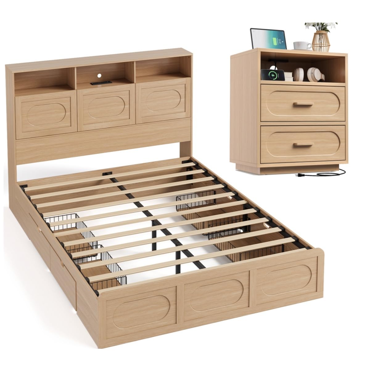 2 Pieces Bedroom Set, Queen Size Bed Frame with Storage Headboard, Nightstand with Charging Station, Natural Oak