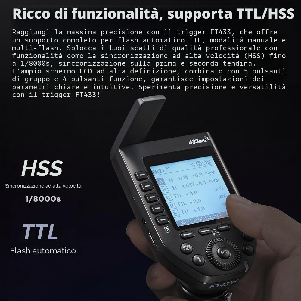 Godox FT433 C TTL trigger flash wireless per Canon, 433 MHz, HSS 1/8000s, portata 100m, LCD, 32 canali, 1-99 ID, sincronizzazione fronte/retro, controllo app Bluetooth, TCM, fuoco rapido a contatto