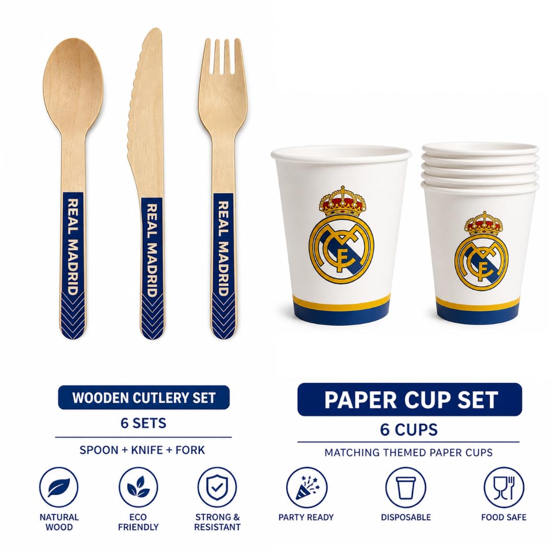 Real Madrid Geburtstagsdeko 75 Teile Mit Tellern, Bechern, Tischdecke, Servietten, Besteck, Ballon, Tischdeko, Zubehör, Klatschern Und Girlande Für Partys