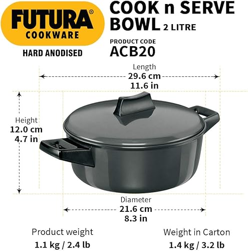 Miniatura 3 de Hawkins Futura ACB20 - Cuenco para cocinar y servir, 2 litros, anodizado duro con tapa anodizada dura, para cocinar y servir, color negro (ACB20)