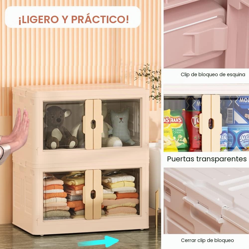 Pack 3 Caja de Almacenamiento Plegable, Contenedor de plástico con Ruedas, Cubo Apilable con Puertas, Organizador para Hogar con Puertas y Tapadera para Habitación, Baño, Cocina, Oficina, Salón
