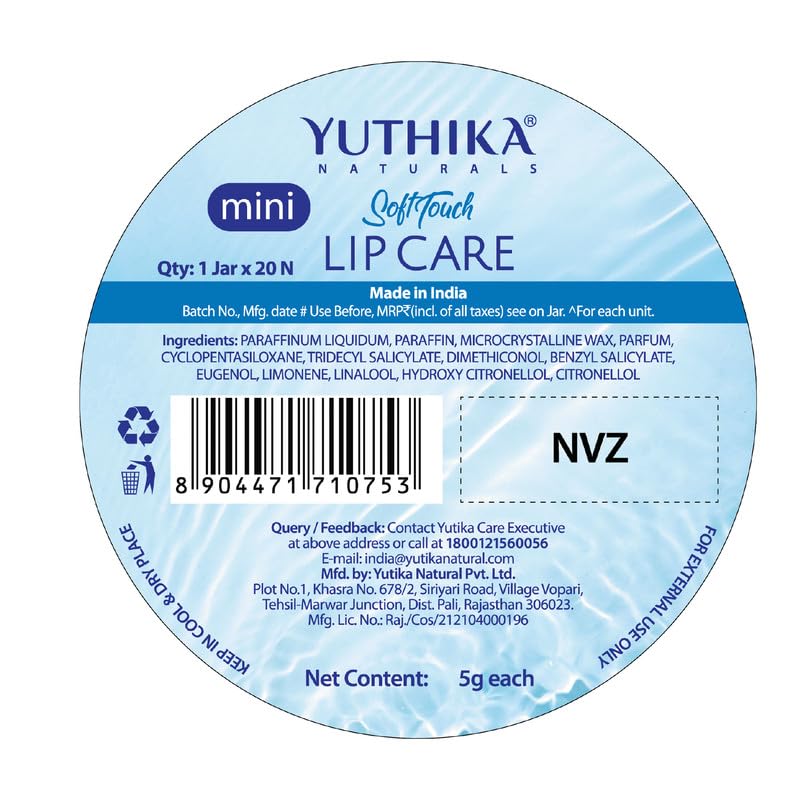 Yuthika Naturals Soft Touch Lip Balm for Soft & Naturally Pink Lips, Moisturizes & Hydrates Dry Lips, Lip Care, Clear, 5 Gram (Pack of 20) with Jar